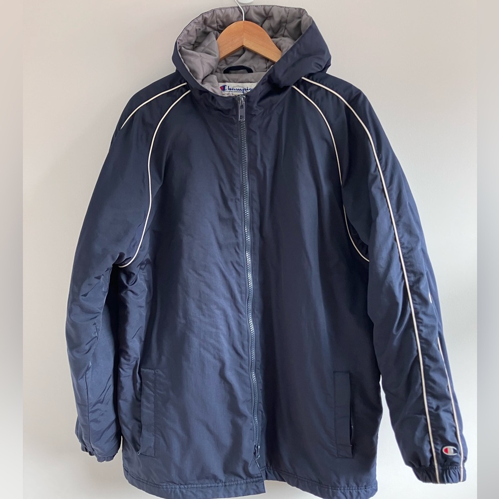 Vintage Champion Dark Blue Nylon longline Hooded Jacket quilted lined size M